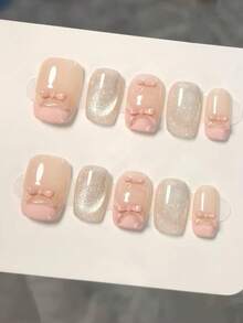 10 Stücke rosa französischer Stil funkelnde Glassperlen für zarte Polka Punkte, klare und transparente dreidimensionale Schleifen, selbstklebende Nägel handgemacht