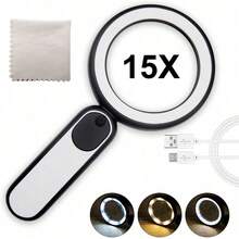 1 Stück schwarze 15-fache Lupe mit 21 LED-Leuchten, Touch-Schalter, Handlupe, 3 Beleuchtungsmodi, leicht, hohe Klarheit, geeignet für Naharbeit, Lesen, Schmuck, Erkundung - Schwarz und Weiss - Übersicht 1