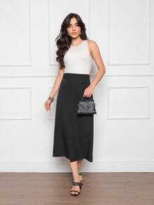 Women's Midi Skirt Side Detail Fake Zipper Pocket At The Back - 黑色 - 查看 5