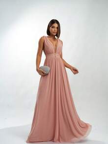 Tulle Party Dress / Neckline / Side Opening / Long For Graduation, Bridesmaid And Guests - 乾枯玫瑰色 - 查看 1