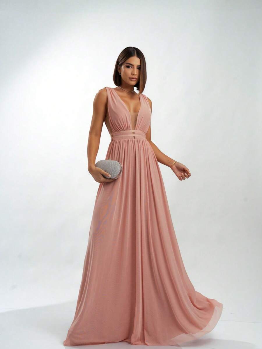 Tulle Party Dress / Neckline / Side Opening / Long For Graduation, Bridesmaid And Guests - 乾枯玫瑰色 - 查看 1
