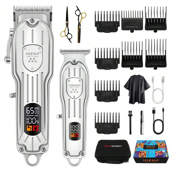 HIENA HINEA 2 Pièces Set de Coupe de Cheveux, 2 pièces Machine de Coupe de Cheveux Sans Fil Argent, Chargement Rapide USB, Écran LED, Accessoires Multiples, Convient pour la Maison, le Salon, en Cadeau