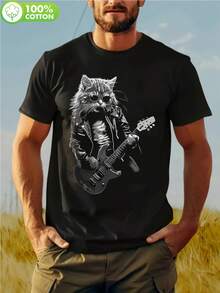 Camiseta de algodón negra con estampado de un gato tocando la guitarra para uso casual - Negro - Ver 2
