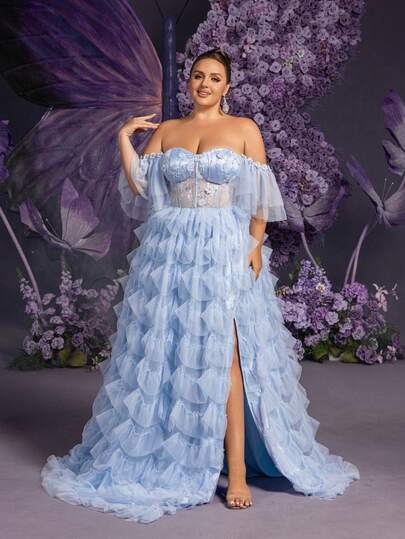 Faeriesty Plus Size Off-Shoulder Ruffled Tie-Up Backless Formal Dress, High Slit Design, Layered Sheer A-Line, Suitable For Gala, Formal Wedding, Red Carpet Events, Grand Balls, Galas And Other Formal Occasions.