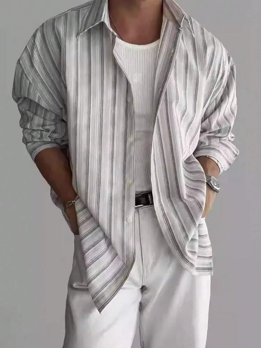 Men's Casual Everyday Striped Button-Up Long Sleeve Shirt, Fall