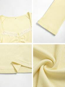 阳光女孩黄色蕾丝吊带背心，Y2K学院风，修身方领长袖，女士夏季返校季 - 黃色 - 查看 12