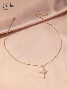 Hihho 1pc Stainless Steel Cross Pendant Necklace With 4 Star Embellished Elegant Choker For Women - Cross - View 5