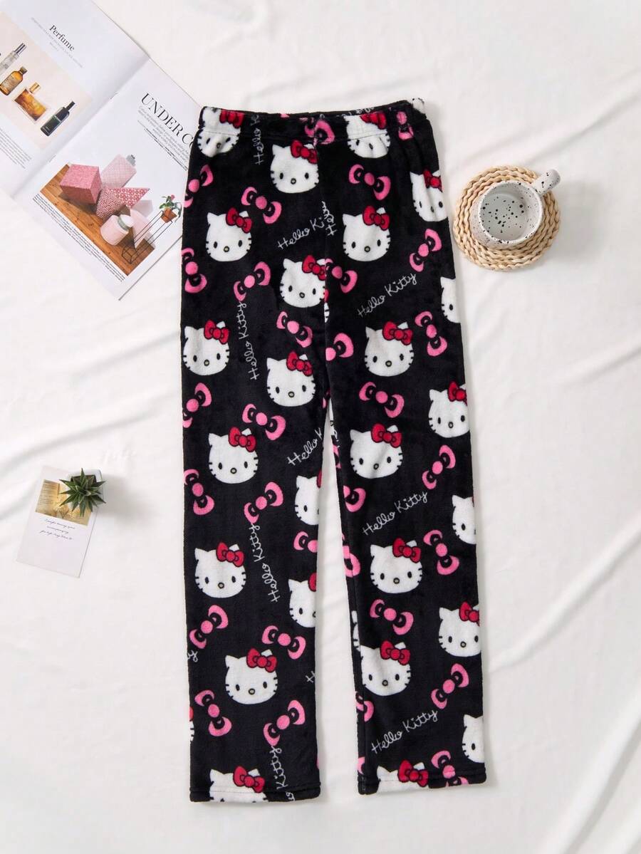 Hello Kitty 女款睡褲,柔軟法蘭絨材質,卡通休閒居家長褲,寬鬆直筒長褲,舒適保暖,適合日常居家穿著、宿舍生活、居家休閒及秋冬臥室放鬆 - 彩色 - 查看 1