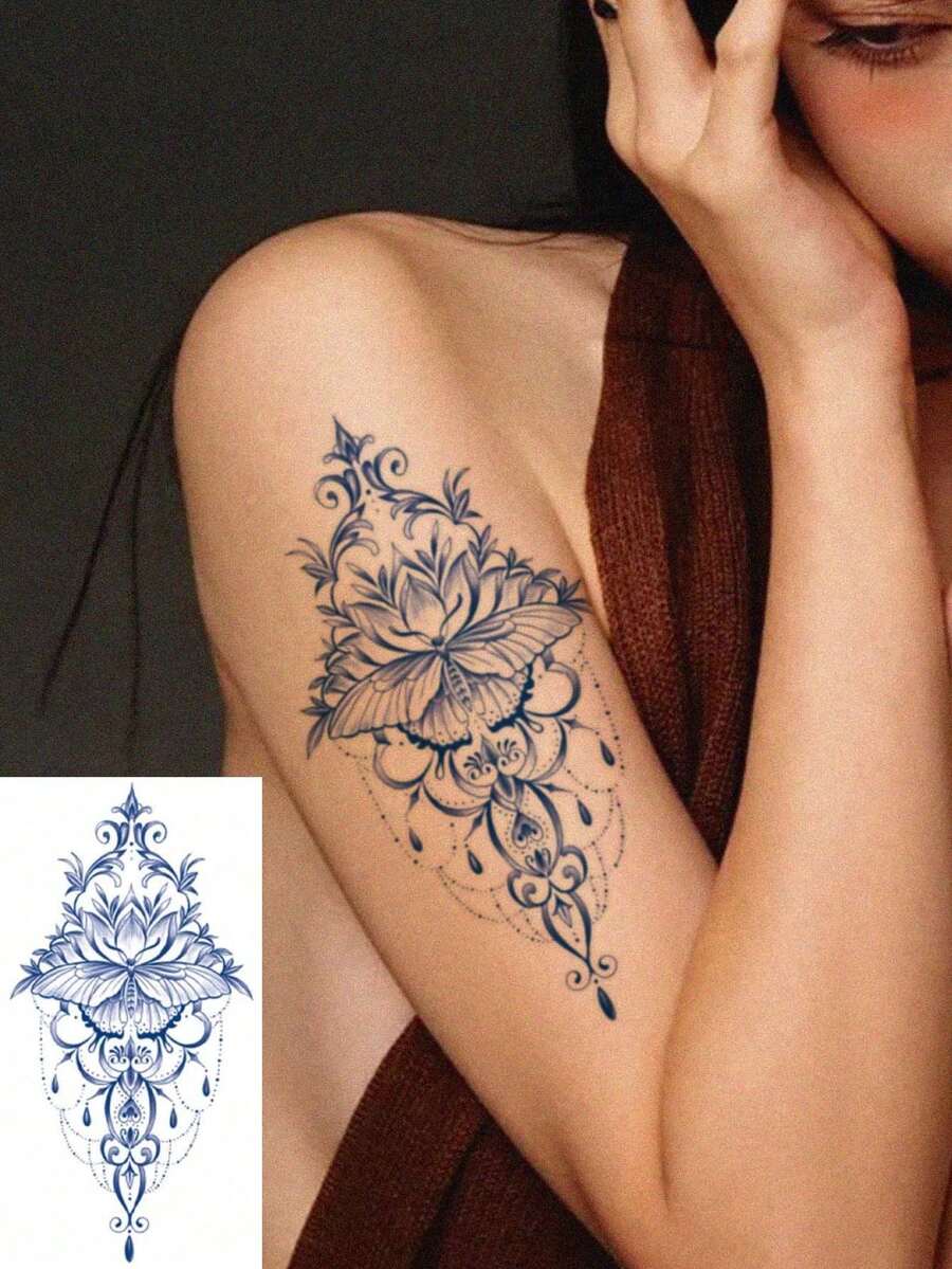 1pc Fashionable Butterfly Chain Print Temporary Tattoo, Flower & Chain Tattoo Designs, Unisex Body Art Fake Tattoo Sticker, Waterproof, Suitable For Arms, Hands, Abdomen, Feet - Safe, Easy To Apply & Remove, Lasts 7-14 Days, Beach Party Accessory, DIY Gift