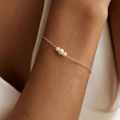 1 adet Şık Minimalist Sahte İnci Zincir Bileklik, Kadınların Günlük, Randevularda, Düğünlerde, Tatillerde, Hediyelerde Takması İçin Uygundur