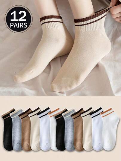 12 双女士短袜、船袜、隐形袜、低帮袜、白袜子、短袜、黑袜子、女袜、短袜、中筒袜、可爱袜子、女童袜、双线防滑设计、网眼吸汗设计、柔软舒适、适合日常穿着、居家运动、办公穿着、学院风设计、适合所有季节和各种节日、隐形袜和短袜、颜色随机