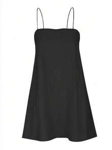大码女式纯色宽松休闲无袖连衣裙，夏季 - 黑色 - 查看 2