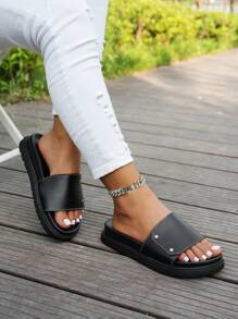 Sandalias planas impermeables de plataforma de unicolor minimalista para mujer, adecuadas para uso al aire libre y playa, tallas grandes, verano