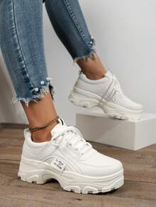 女士厚底运动鞋，2025新款轻便厚底鞋，适合春秋运动风格，白色女式系带鞋 - 米色 - 查看 2