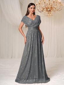 Women's Shiny Elegant V-Neck Ruched Dress For Prom/Formal Events - Grey - View 1