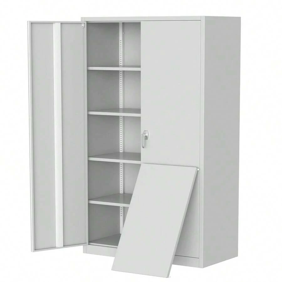 Storage Metal Cabinet 71" With Doors And 4 Shelves Adjustable 4 Adjustable Feet And Lock Tall Storage Cabinet For Pantry Garage Craft Bedroom Office Shop - White - View 1