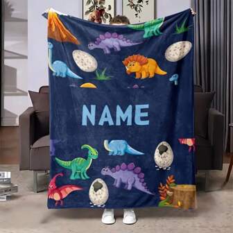 Customizable Dinosaur Flannel Blanket With Personal Name - Soft, Suitable For Children And Adults All Seasons - Vivid High-Definition Printed Design - Perfect Gift For Boys, Girls, Parents, Grandparents - Lightweight And Comfortable, Applicable For Bed, Sofa, Camping, Travel, Dinosaur Room Decoration