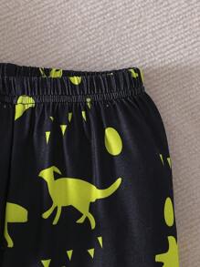 Young BoyComfortable Cartoon Dinosaur Pattern Luminous Long Sleeve + Long Pants Home Outfit Set (Glowing Only Under UV Light)