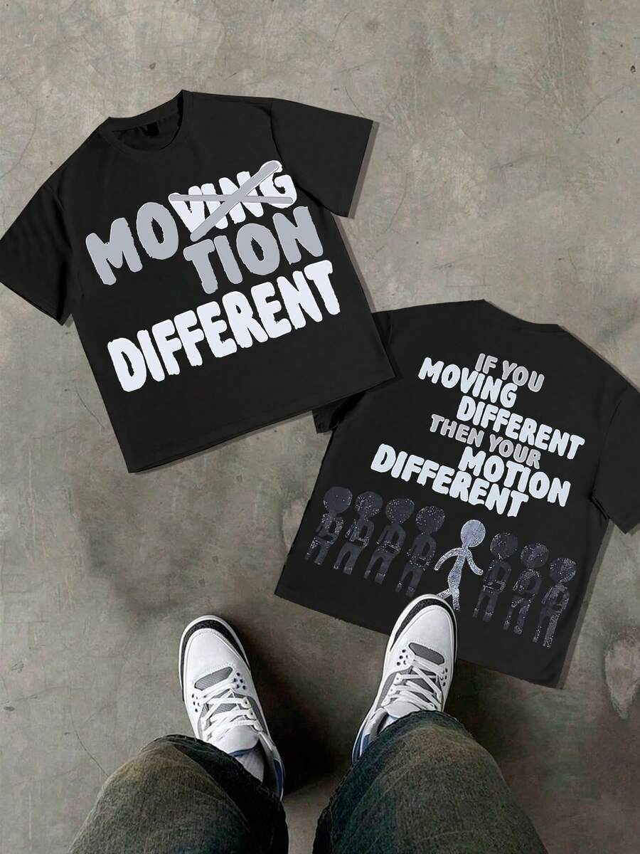 Y2K, Striking Red Tee, MOVING Crossed Out, Dynamic Black Silhouettes, Vibrant Red Background, IF YOU MOVING DIFFERENT THEN YOUR MOTION DIFFERENT, Double-Sided Printing, Lone Hustler Doctrine, Cash Over Connections, Aboriginal People, Home Town Flag, Warning Slogan, Graphic Tees Women, Funny Graphic Tees, Graphic Tees Men, 100% Cotton T-Shirts Feature A Youthful And Fashionable Design. They Come  They Are Perfect For Casual Wear And Street Style. They Are Excellent  Gifts For Friends And Family. - 黑色 - 查看 1