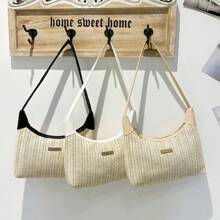 Bolso de mujer de grano de lichi PU, bolso de hombro de moda para mujer, bolso de mano de unicolor con cierre de cremallera y muñequera, forro de poliéster, versátil bolso de almohada para debajo del brazo - Disponible en blanco, negro, rosa, caqui, marrón