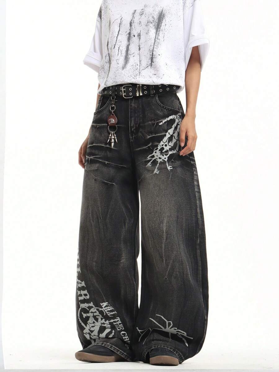 1 Stück Retro Mode Hiphop Muster Lässige Herren Loose Wide Leg Jeans, verwaschen vielseitige Jeans Hose (ohne Gürtel & Zubehör), Emo Stil