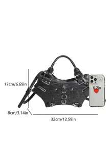 Gothic Bat Wing Handbag Y2K Rock Punk Style Rivet Decoration Solid Color Crocodile Pattern Adjustable Shoulder Strap Shoulder Crossbody Bag Suitable For Cosplay Party Halloween Music Festival Street Shooting.