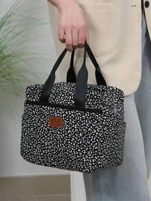 DLIU New Arrival, Thick Printed Fabric Lunch Bag, Large Capacity Portable Lunch Box Storage Bag, Suitable For Work Commuting, Carrying Meals, Outdoor Shopping, Lunch Box Storage, Daily Use, Zipper Closure Lunch Tote Bag. Back To School Season, Retro Style, Aluminum Foil Insulation Layer Inside, Multiple Pockets Outside.School Stuff Bag For School Lunch Bag For Women Picnic Accessories - Black - View 9