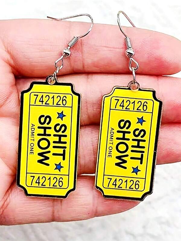 1 Pair Vintage Boho Style Acrylic Cartoon Alphanumeric Earrings, Lightweight Alloy Hook, Quirky "7421 SHOW" Design With Yellow Background & Black Border, Perfect For Daily Wear, Party Gifts, And Humorous Statement Accessories, Humorous Jewelry