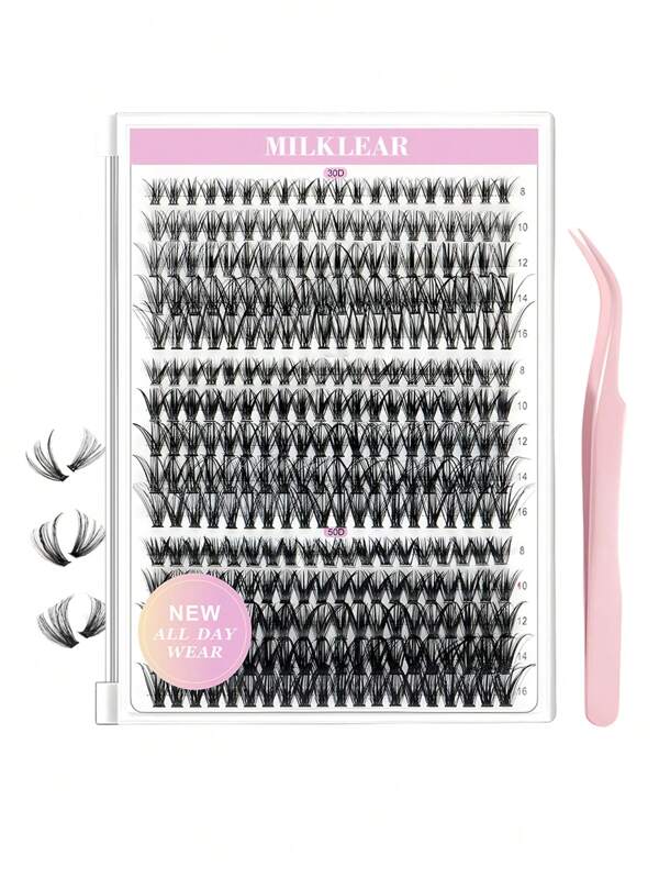 300 pièces Extensions de cils en groupe, longueurs mélangées de 8 à 16 mm, groupe de cils volume 30D40D50D pour extension de cils DIY à la maison, look naturel, doux et léger