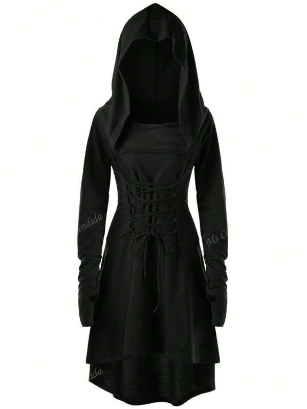 Robe gothique punk grande taille - Robe maxi à capuche, corset et lacets avec trous pour les pouces | Noir, style sombre académique, sorcière, vampire (1X-5X)