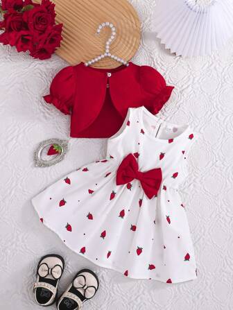2 件女婴夏季套装：短袖外套 + 水果印花草莓蝴蝶结装饰连衣裙，可爱装扮
