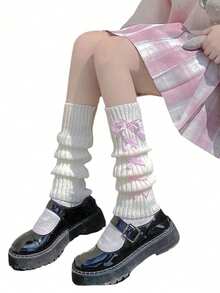 1 Pair Women's Fashion Jk Lolita Leg Warmers Cute Bowknot Leg Warmers Soft Warm Winter Cosplay Footless Long Boot Leg Warmers, Cozy - Multicolor - View 6
