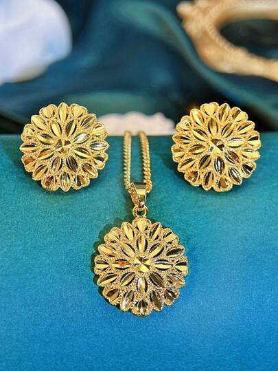 SEQUITO 3Pcs Charming Goddess Jewelry Set Yellow Gold Plated Snowflake Shape Stud Earrings Pendant Necklace Evening Party Costume Jewellery