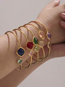 1pc Faceted Czech Glass Bangle Bracelet, Minimalist Luxury Stainless Steel Simple Ring Jewelry Bracelet For Women, Summer Accessories