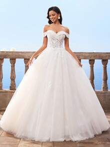 HEARBOBO 优雅别致露肩圣诞白色蕾丝贴花长款网纱A字婚纱新娘礼服 - 杏色 - 查看 9