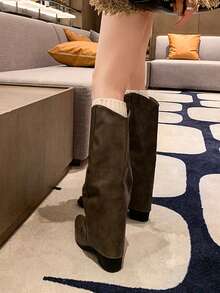 Vintage Rivets High Shaft Pointed Toe Chunky Heel Side Zipper Knee-High Boots, Versatile For Summer, Autumn And Winter, Retro Western Style, British Knight Boots, Slouchy Boots - Khaki - View 5