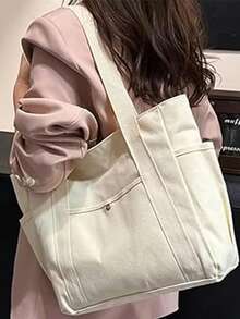 Canvas Tote Bag With Zipper, White Black Multi-Pocket Women's Shoulder Bag, Multiple Pockets, Can Hold Daily Necessities, Travel Items And Work Supplies, Reusable, Casual Shopping Beach Bag, Versatile And Fashionable - 米色 - 查看 6