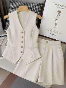 2pcs Women Casual Solid Color Elegant Button Front Pocket Vest & Shorts Set, Office Wear Early Autumn