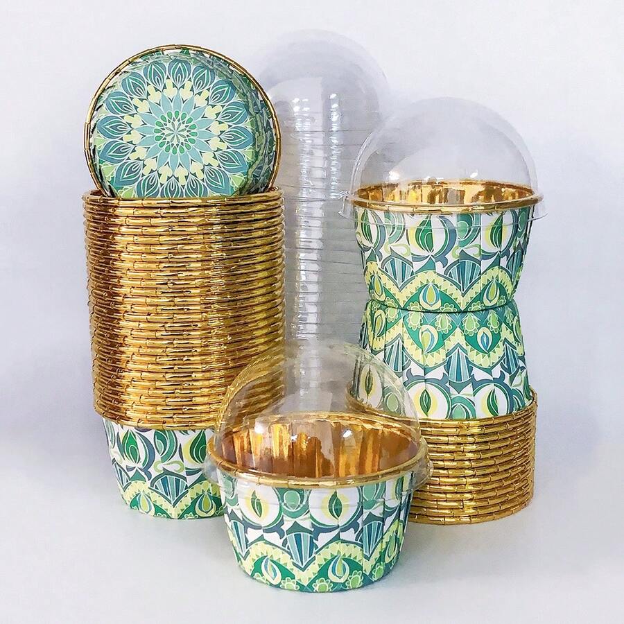 Cakegiugiu 套装，50/100 波西米亚风格带盖纸杯蛋糕，带盖一次性松饼杯，耐热烘焙杯，光泽纸杯蛋糕衬垫，松饼模具，烘焙工具，卷边蛋糕杯，蛋糕托，非常适合婚礼和生日派对