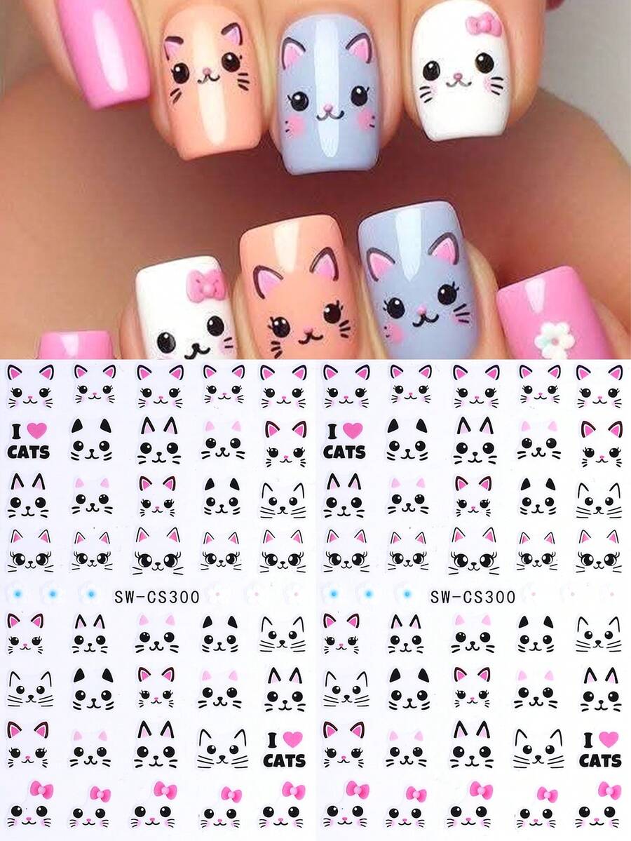 2 miếng dán móng tay hình mèo hoạt hình 3D, thiết kế rỗng màu hồng và đen hình mặt mèo dễ thương, tai và nơ, miếng dán móng tay tự dính kiểu Kawaii, phụ kiện trang trí móng tay. - Nhiều màu - Xem 1