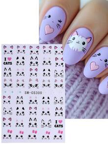2 hojas de pegatinas de arte de uñas de gato súper lindas, patrón de gato rosa y negro, accesorios de decoración de uñas autoadhesivos, adecuados para mujeres y niñas diseño de uñas DIY - Multicolor - Ver 4
