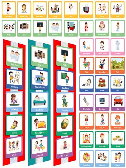 60pcs Visual Schedule Cards, Daily Routine Chore Chart Symbol Cards For Kids Wall Classroom Home School Weekly Planner Day Night Bedtime Behavior Activity Chart Toddler Words Cards For Scheduling And Keepin Order, Reinforce Sense Of Time Of Children, Autism Learning Materials, ADHD Tools