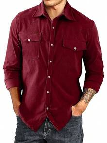Men's Corduroy Casual Western Long Sleeve Button Down Shacket Jackets With 2 Flap Pockets, Fashionable - A6 Biking Red - View 1