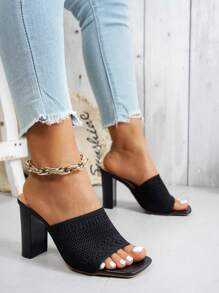 Damen atmungsaktive und bequeme Sandalen mit breiten Trägern, dekoriert mit einfarbigem Stoff und eckiger Zehenpartie, minimalistischer modischer Stil, geeignet für Gehen, Reisen, Party, Date, schwarzes Strickgewebe, Damen Slip-On Sandaletten mit hohem Absatz für den Sommer