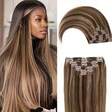 8pcs Straight Clip In Hair Extensions Human Hair Per Set With 18Clips Double Weft Brazilian Virgin Human Hair Natural Black Color For Women (22 Inch, Straight Hair) - Màu dương cầm - Xem 10