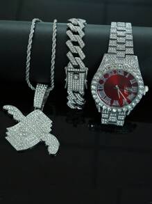 1 Set de joyería para hombre con colgante con signo de dólar con alas todo cubierto de rhinestone, reloj, pulsera, conjunto de joyería de lujo y glamoroso, accesorio de moda brillante
