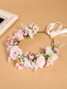 1pc Girls Pastoral-Style Artificial Flower Wreath With Roses, Hydrangeas, Crabapple Flowers, Elegant Hair Accessory Flower Crown Suitable For Beach Photos, Adjustable Size - Multicolor - View 4
