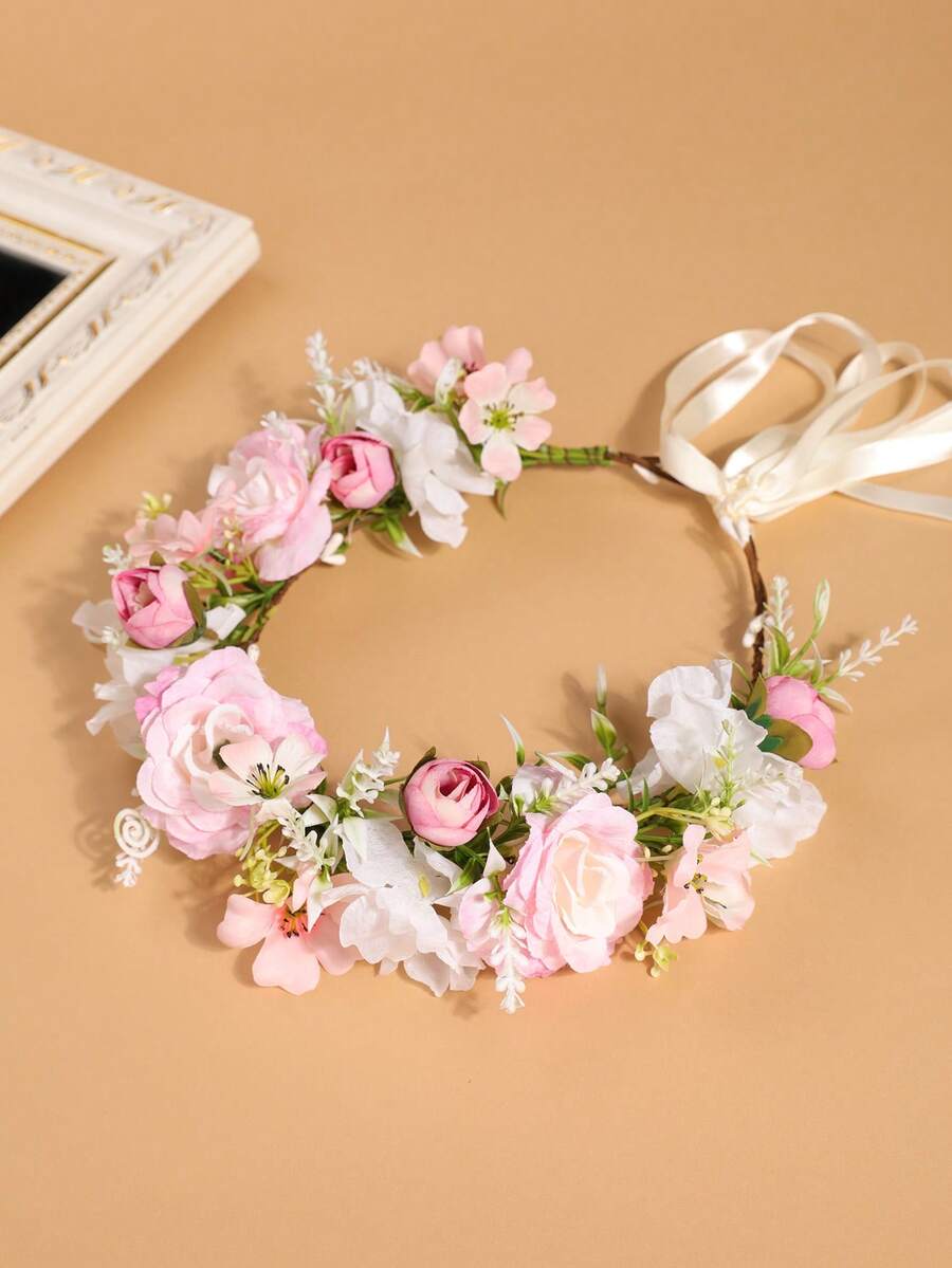 1 件女孩欧美风格仿花花环，仿褶皱花蕾玫瑰，小花蕾花环，优雅绣球花，海棠花花环，适合海滩、摄影、发饰，可调节缎带 - 彩色 - 查看 1