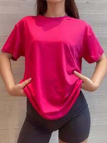 Camiseta de cuello redondo y manga corta en color liso, Camisas casuales de mujer - Rosa Fucsia - Ver 1