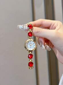 1pc Ladies' Colored Rhinestone Strap Watch, Women Fashion Elegant Gold Color Bracelet Watch Style, Daily Use